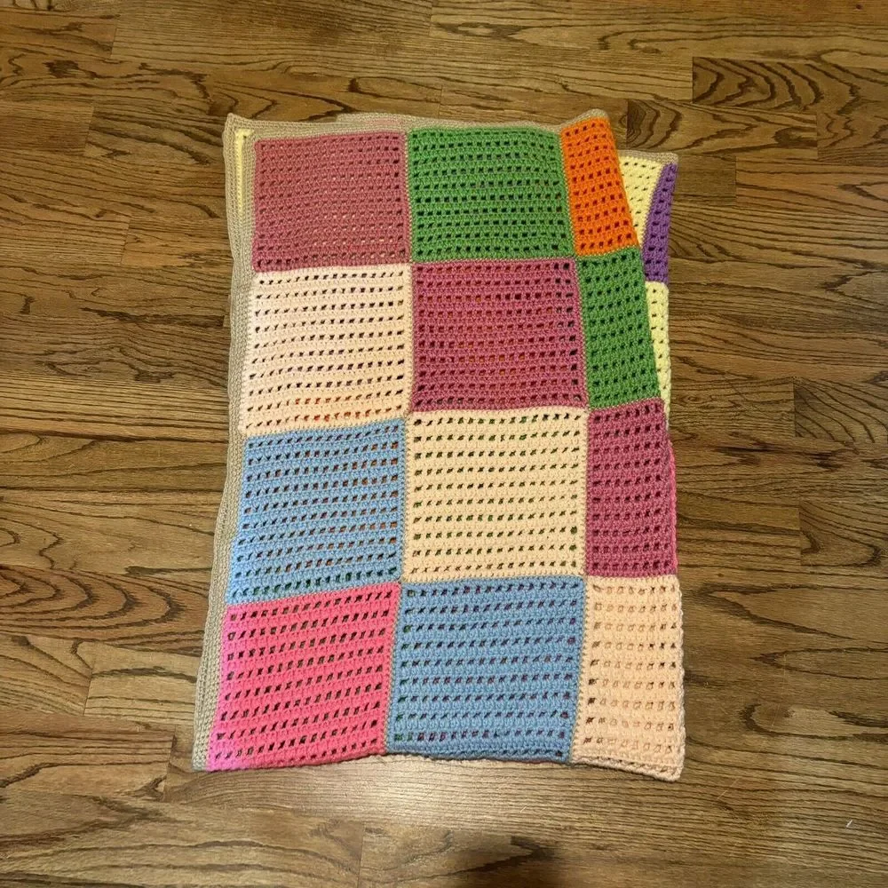 Handcrafted Crochet Afghan Color Block‎ Pattern Lap Throw Blanket 43